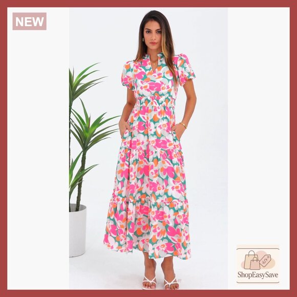 Floral Maxi Dress V Neck Puff Sleeve Smocked Waist Boho Casual Beach Wear - Picture 7 of 7